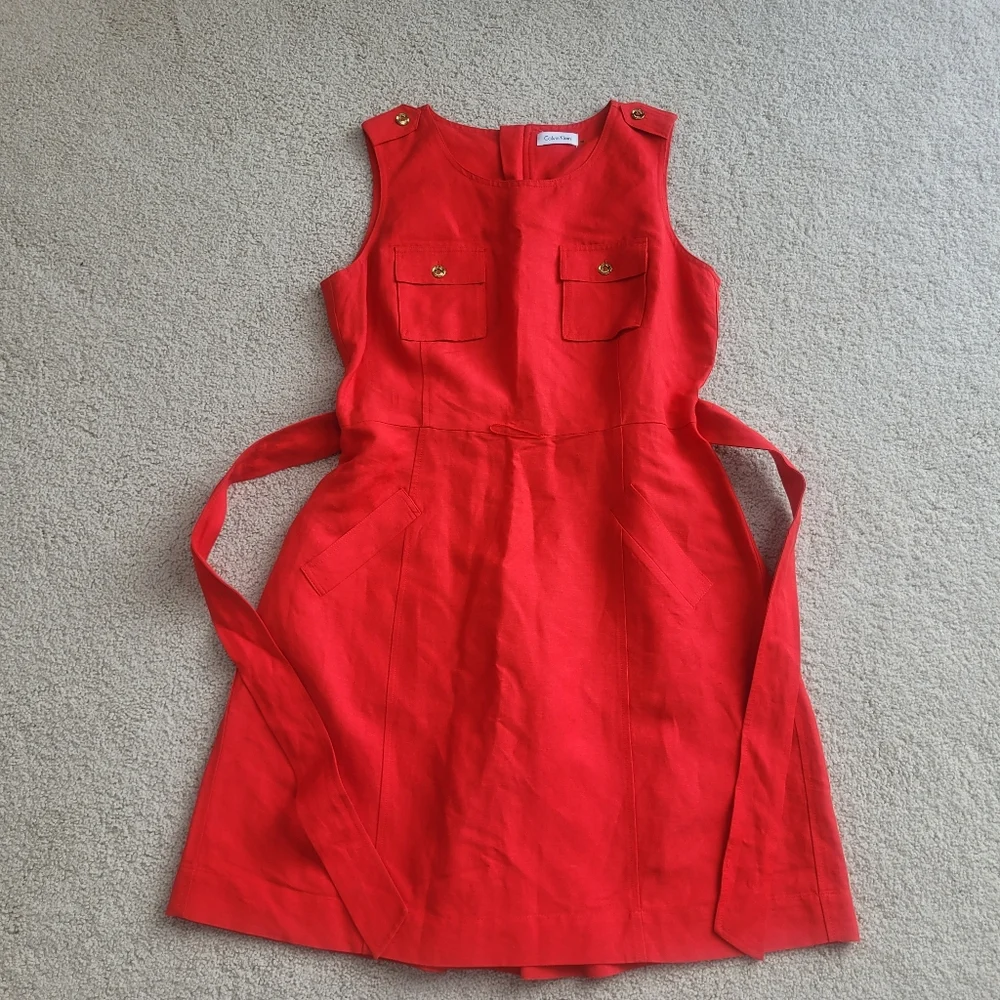Chic Calvin Klein Red Linen Sleeveless Belted Dress Size 12 W/Pockets Like New - Picture 7 of 13